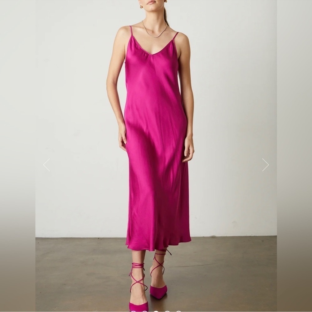 Velvet By Graham & Spencer Hot Pink Satin Cocktail MIDI Slip Dress